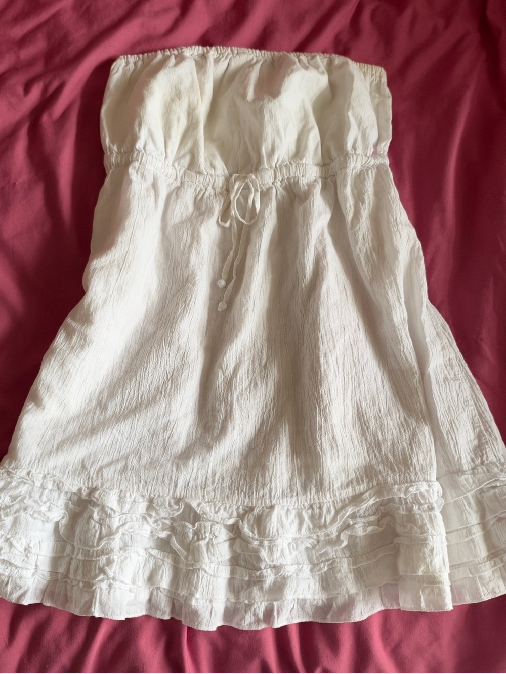 White Strapless Ruffle-Hem top